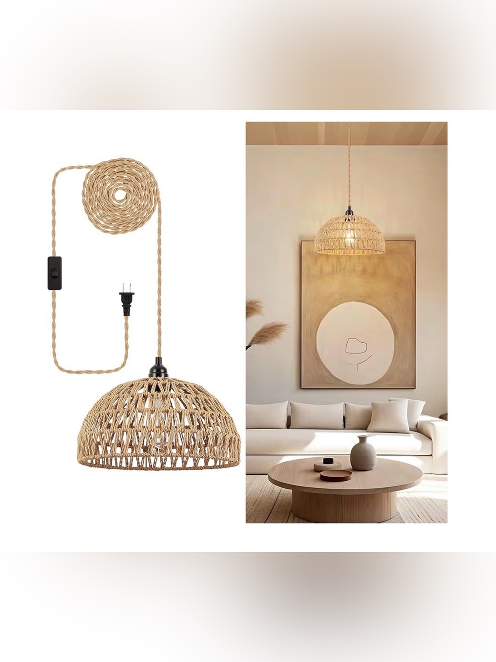Plug in Rattan Hanging Lamp, Boho Hanging Lights with Paper Woven Shade